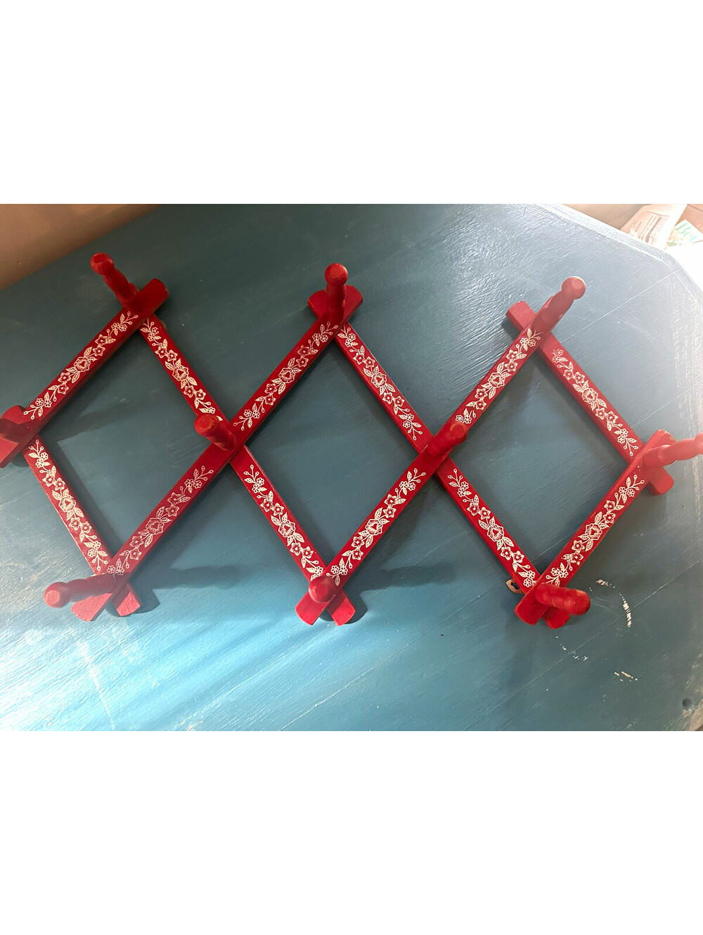 Red Vintage mid century Wooden Wall Folding Accordion Rack,Peg Hooks, Floral